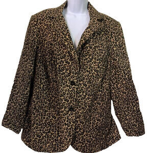 VTG 90s Newport News Jacket Blazer Women's 14W Brown Cheetah Print Pockets Lined